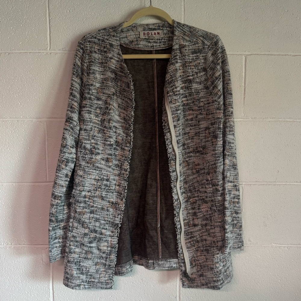 Anthropologie Dolan Leopard Longline Tweed Zip up Jacket Fringe Whimsical Size L - Picture 3 of 11